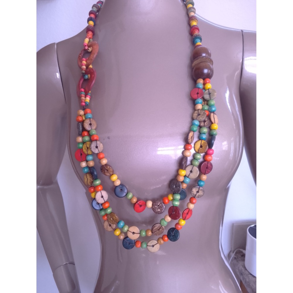 Boho Multi Strand Wood Coconut Bead Statement Necklace Colorful Eclectic Layered